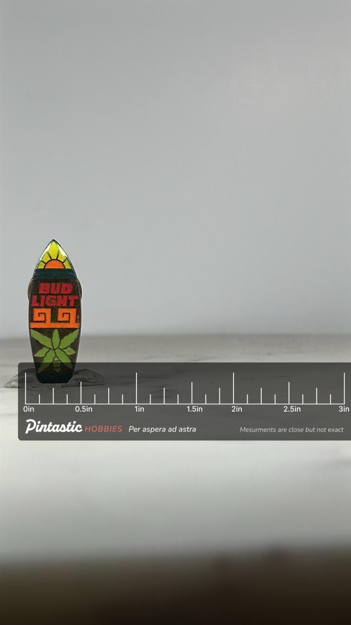 Bud Light Surfboard Pin: Tropical Neon Enamel - 1990s Retro Accessory with ruler overlay for size reference