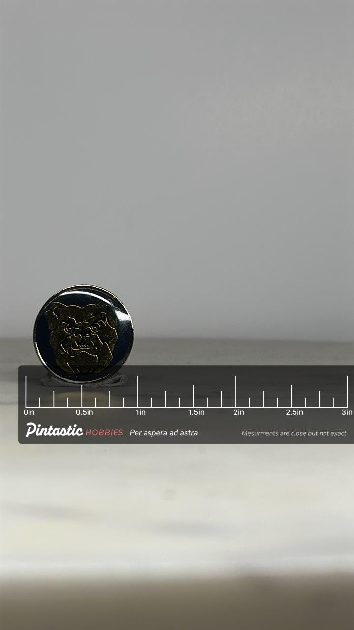 Bulldog Mascot Enamel Pin: Black Gold Round - Vintage Style Accessory with ruler overlay for size reference