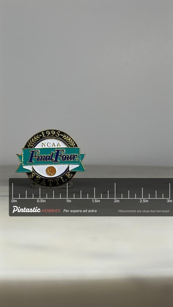 NCAA Final Four Enamel Pin: Teal/Gold Finish - 1995 Seattle Accessory with ruler overlay for size reference