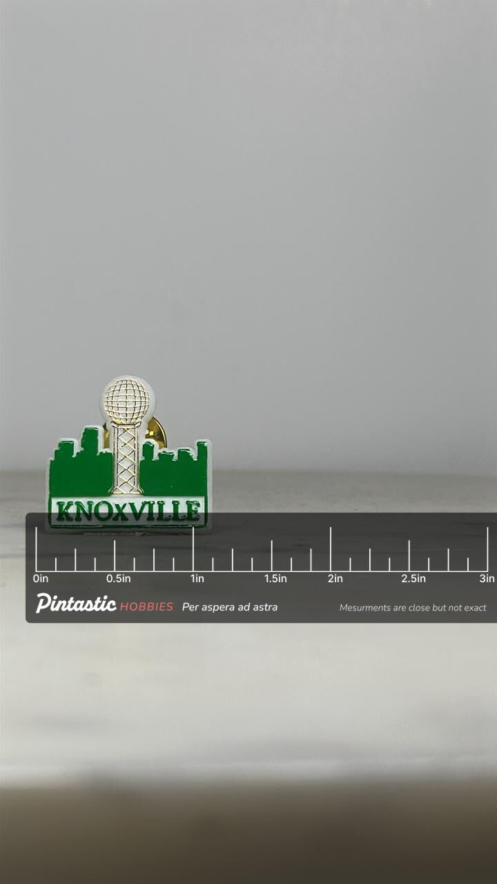 Knoxville Skyline Enamel Pin: Green & Silver Finish - Retro City Accessory with ruler overlay for size reference