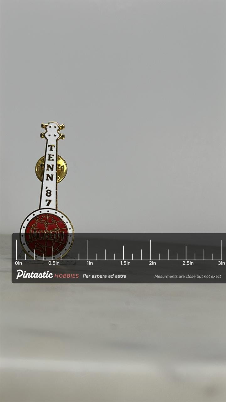 Tennessee Banjo Enamel Pin: White & Red Gold-Tone - 1987 Souvenir Accessory with ruler overlay for size reference