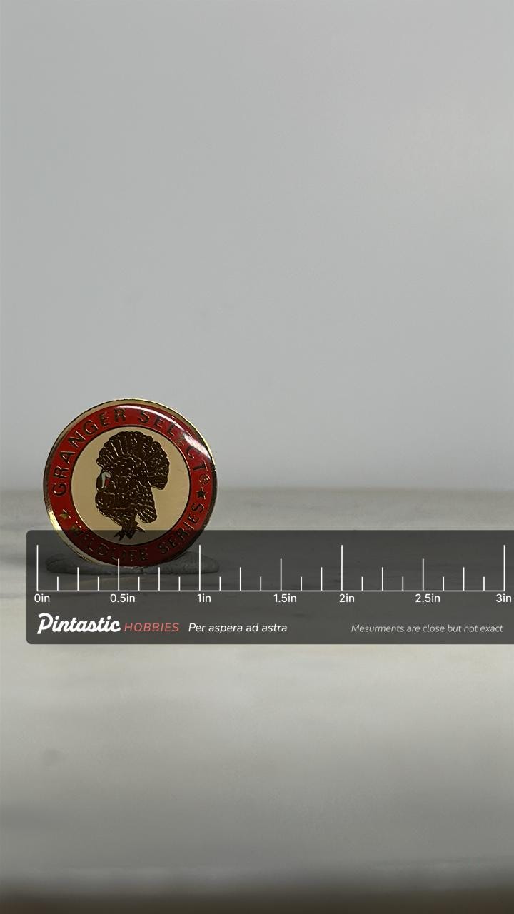 Granger Select Wildlife Turkey Pin: Red Enamel Finish - Vintage Nature Accessory with ruler overlay for size reference
