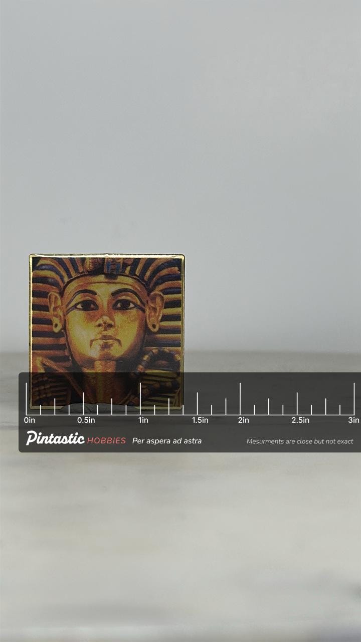 King Tut Enamel Pin: Glossy Full-Color - Ancient Egypt Accessory with ruler overlay for size reference