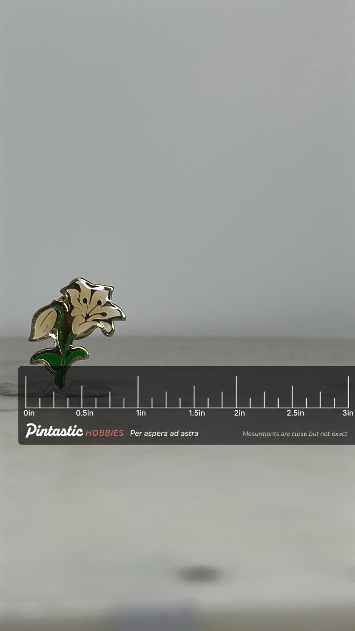 Cream Lily Flower Enamel Pin: Gold Tone Accent - Vintage Nature Accessory with ruler overlay for size reference
