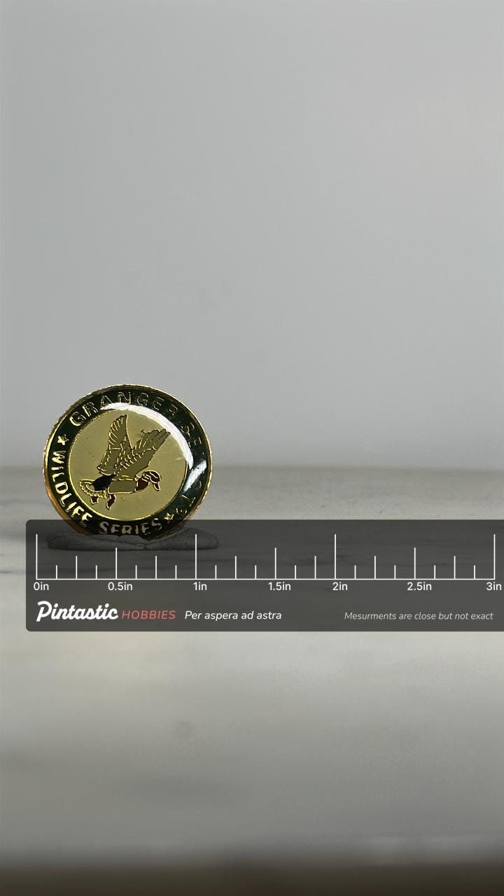 Granger Select Wildlife Series Pin: Gold & Green Enamel - Vintage Nature Accessory with ruler overlay for size reference