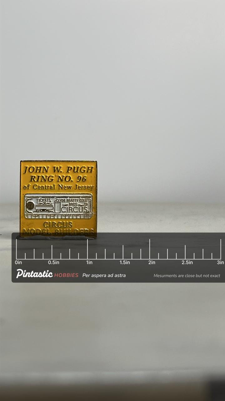 Circus Model Builders Pin: Yellow & Silver Enamel - Vintage Collector Accessory with ruler overlay for size reference