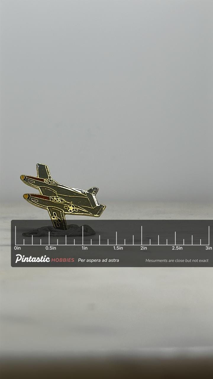 Lockheed P-38 Lightning Pin: Twin-Boom WWII Fighter Plane – Gold Military Plane with ruler overlay for size reference