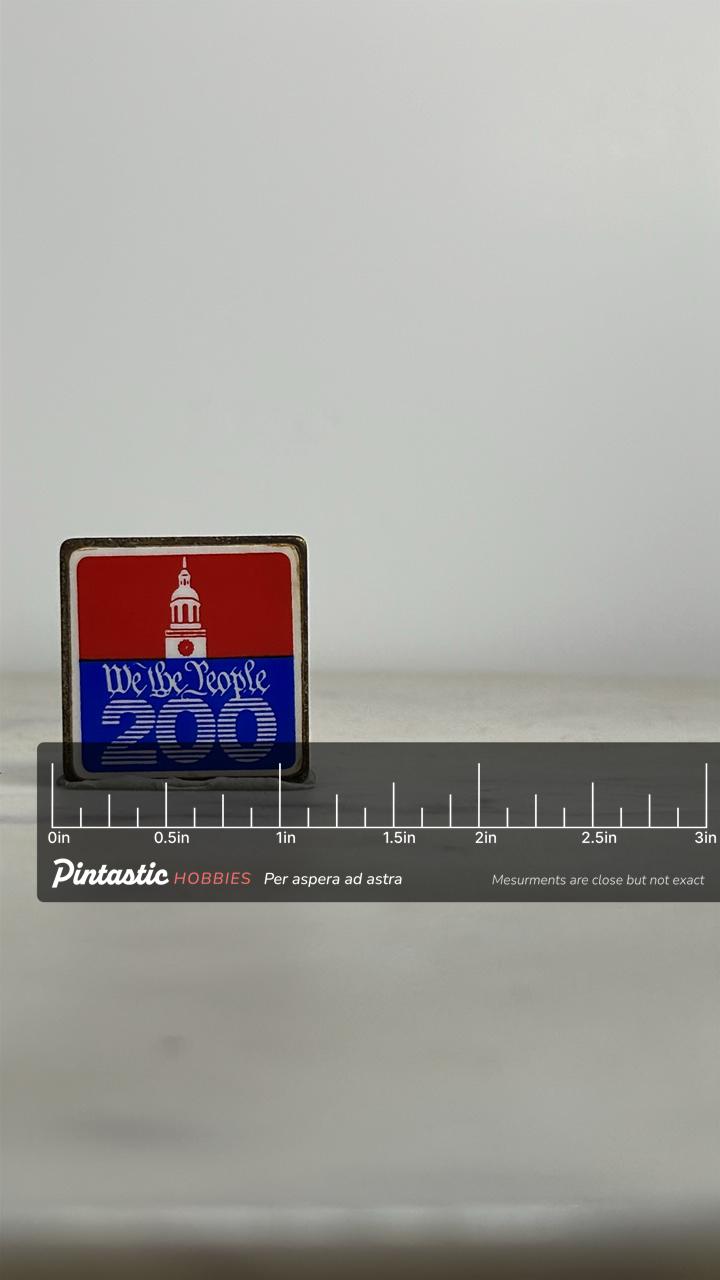 We the People 200 Enamel Pin: Red White Blue Patriotic - Bicentennial Accessory with ruler overlay for size reference