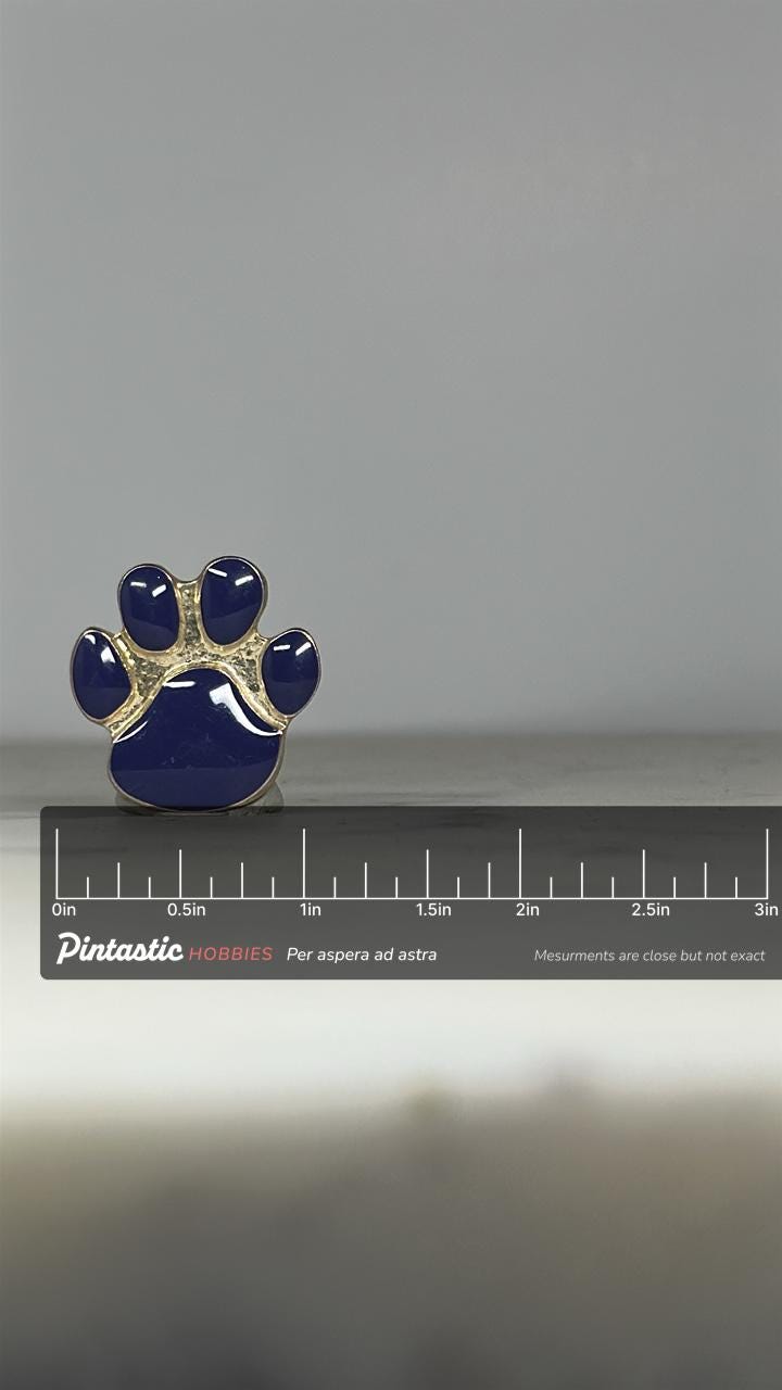 Blue Paw Print Enamel Pin: Gold Trim Design - Pet Lover Accessory with ruler overlay for size reference