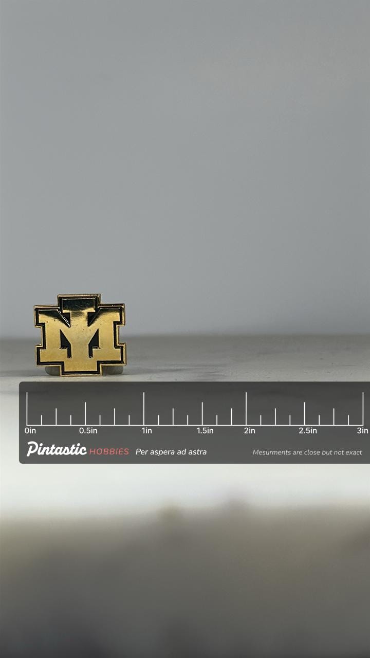 Vintage Iron Mountain Public Schools – Gold and Black Varsity Lapel Pin with ruler overlay for size reference
