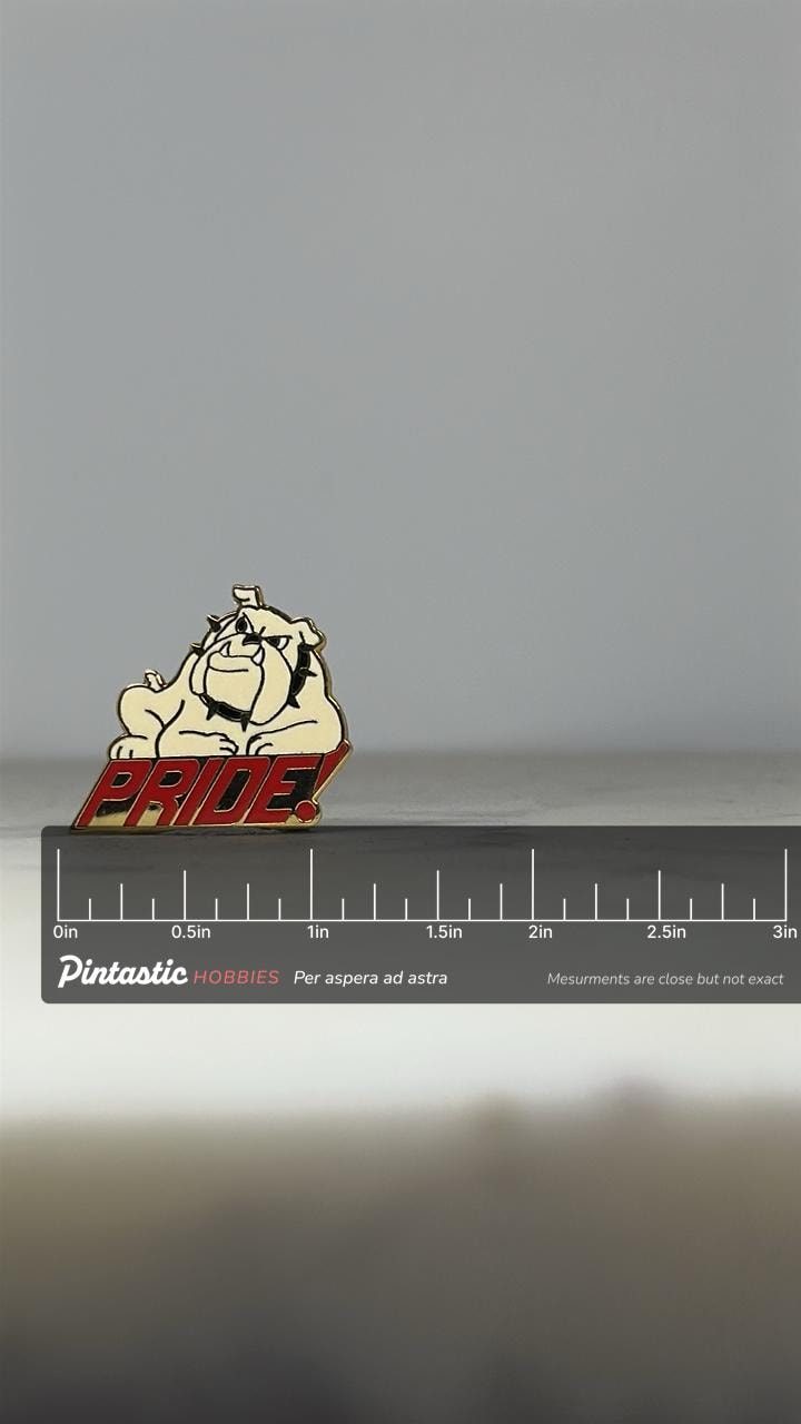 Bulldog Mascot Enamel Pin: White/Red/Gold Finish - Vintage School Spirit Accessory with ruler overlay for size reference