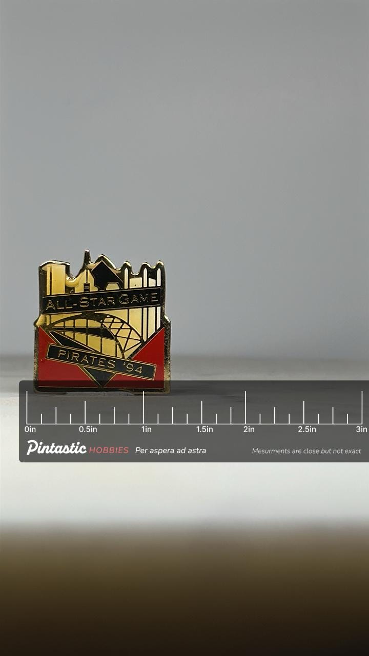 1994 All-Star Game Pin: Gold & Red Enamel - MLB Pirates Collectible with ruler overlay for size reference