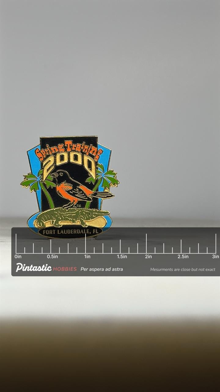 Spring Training 2000 Pin: Orioles & Alligator Enamel - Vintage Sports Accessory with ruler overlay for size reference