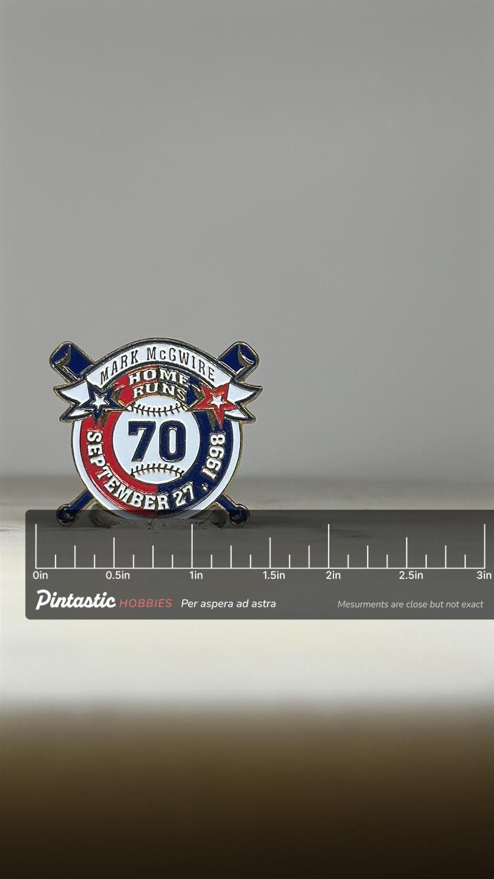 Mark McGwire Home Run Pin: Red White Blue Enamel - 1998 Baseball Accessory with ruler overlay for size reference