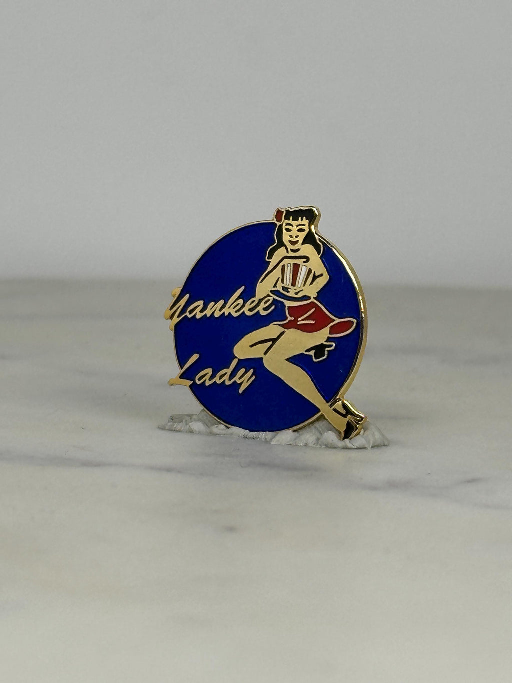 Yankee Lady Pin-Up Girl Pin: Gold & Blue Enamel - Retro WWII Accessory