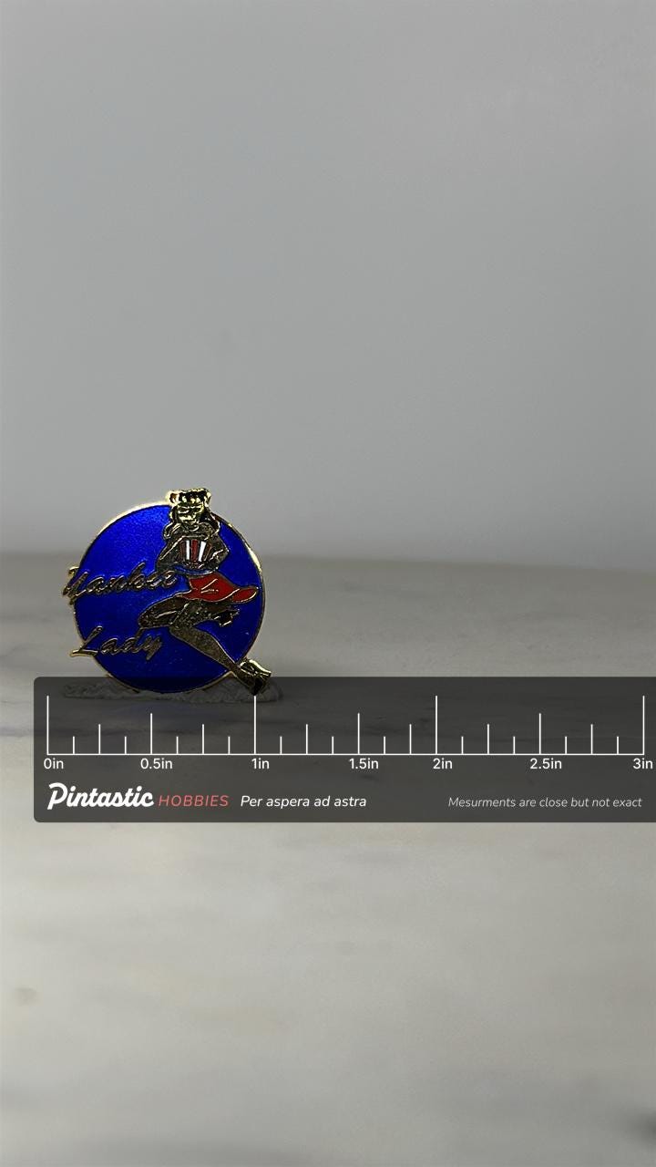 Yankee Lady Pin-Up Girl Pin: Gold & Blue Enamel - Retro WWII Accessory with ruler overlay for size reference
