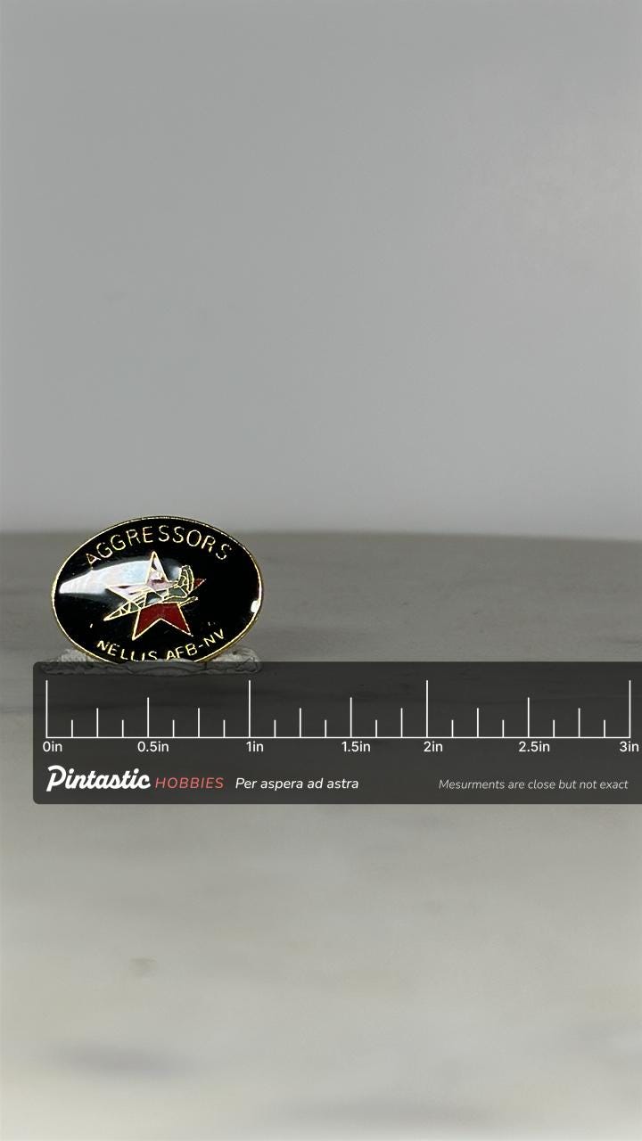 Nellis AFB Aggressors Pin: Black Enamel Oval - Military Collectible Accessory with ruler overlay for size reference