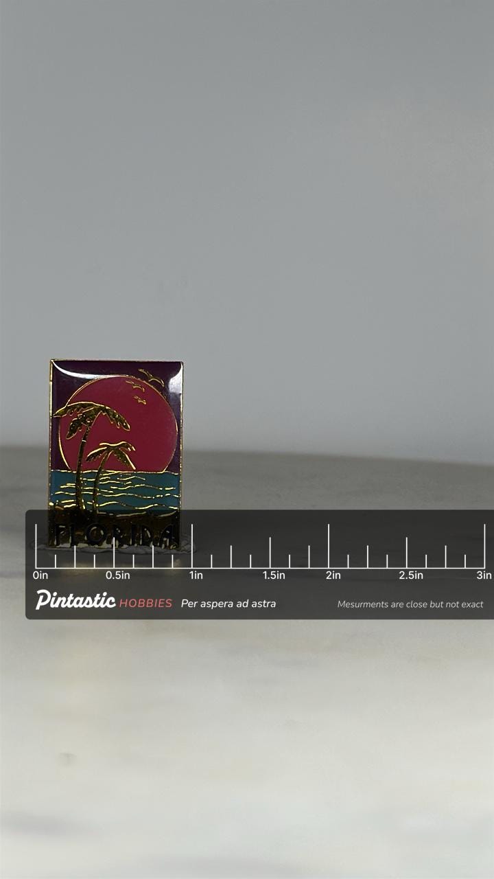 Florida Souvenir Enamel Pin: Sunset Palm Tree Scene - Retro Travel Accessory with ruler overlay for size reference