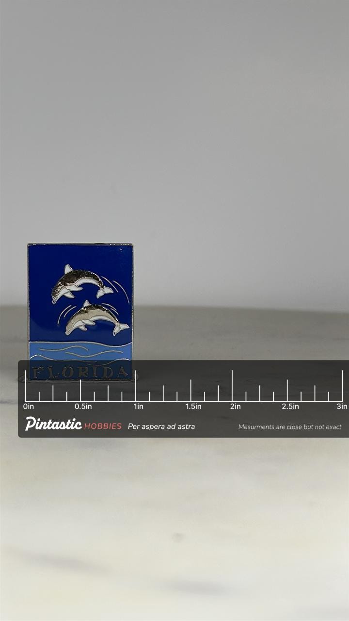Florida Dolphins Enamel Pin: Blue Silver-Tone - Vintage Souvenir Accessory with ruler overlay for size reference