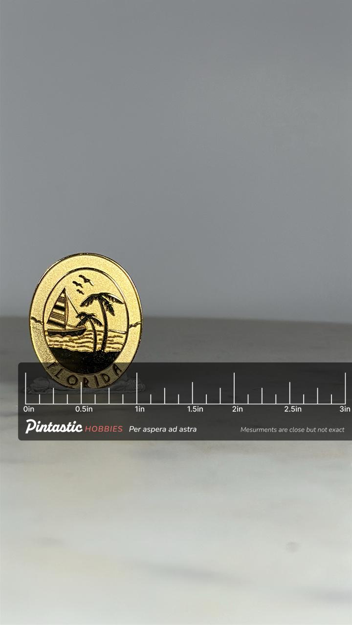Florida Souvenir Pin: Gold-Tone Enamel - Vintage Travel Accessory with ruler overlay for size reference