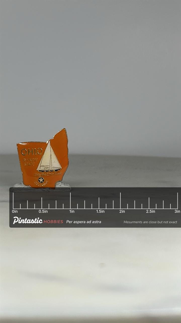 Ohio State Enamel Pin: Orange Gold Finish - Vintage Travel Souvenir with ruler overlay for size reference
