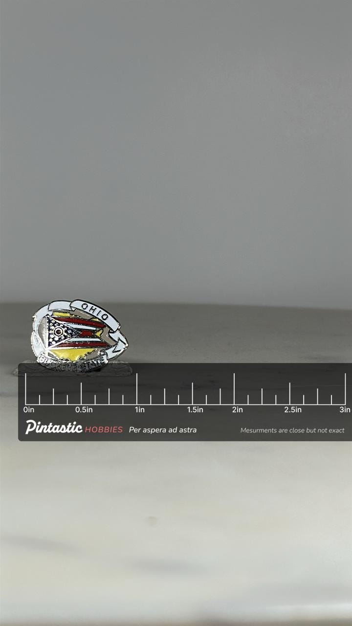 Ohio State Souvenir Pin: Red White Enamel - Vintage Travel Accessory with ruler overlay for size reference