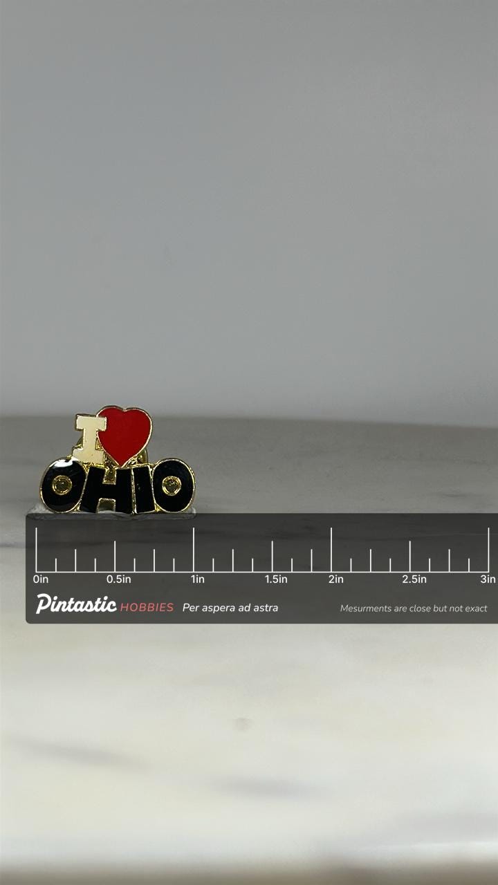 I Love Ohio Souvenir Pin: Red Heart Black Text - Vintage Travel Accessory with ruler overlay for size reference