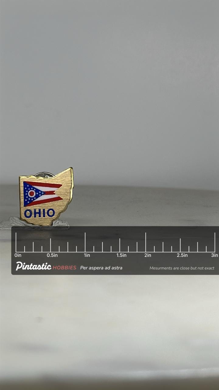 Ohio State Enamel Pin: Gold Tone Flag Design - Vintage Travel Accessory with ruler overlay for size reference