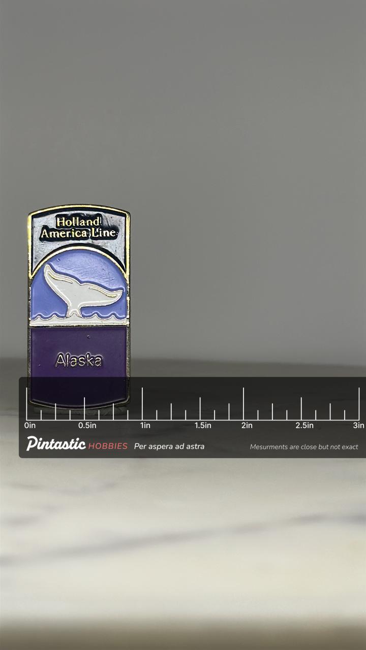 Holland America Line Alaska Pin: Purple & Blue Enamel - Cruise Souvenir Accessory with ruler overlay for size reference