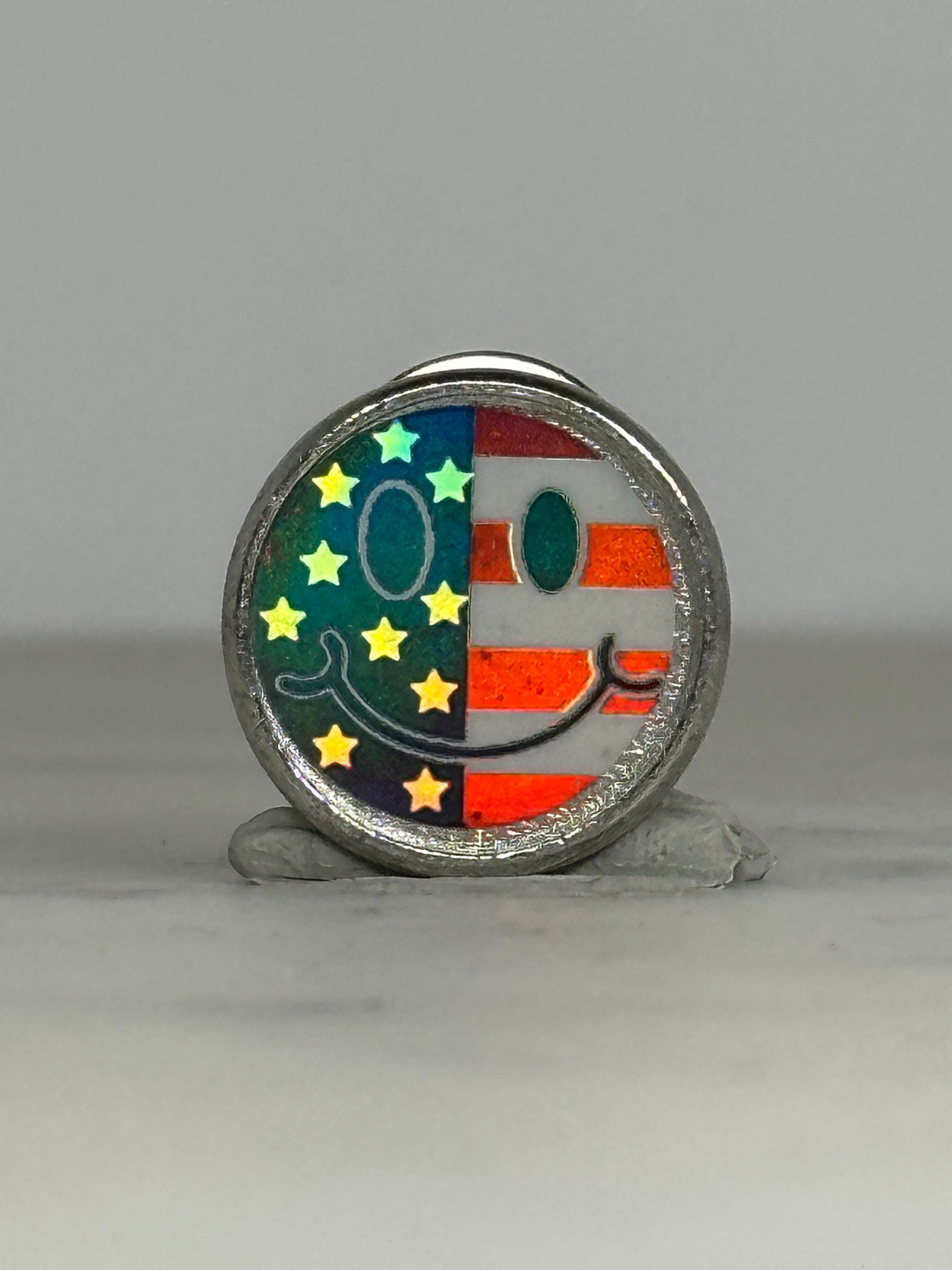 American Flag Smiley Face Pin: Holographic Enamel - Retro Patriotic Accessory