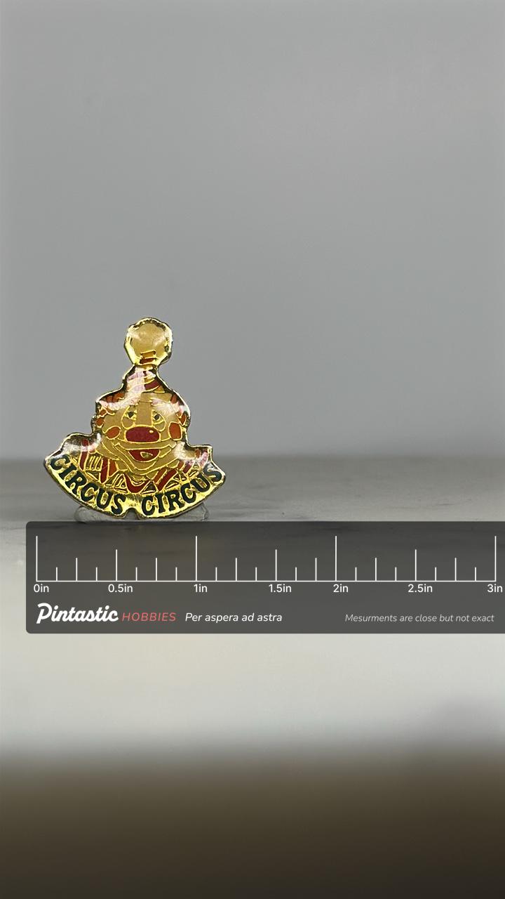 Circus Circus Clown Enamel Pin: Bold Multicolor Design - Vintage Vegas Accessory with ruler overlay for size reference
