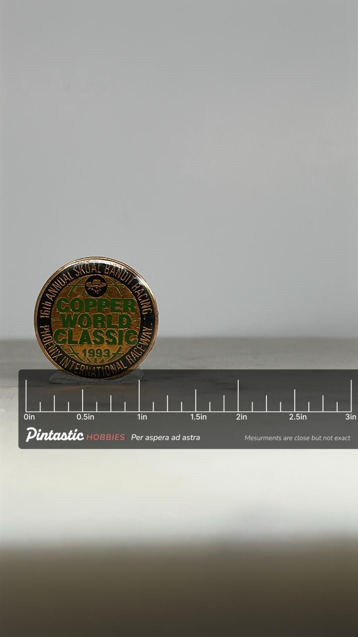 Copper World Classic Racing Pin: Gold Green Enamel - 1993 Motorsports Accessory with ruler overlay for size reference
