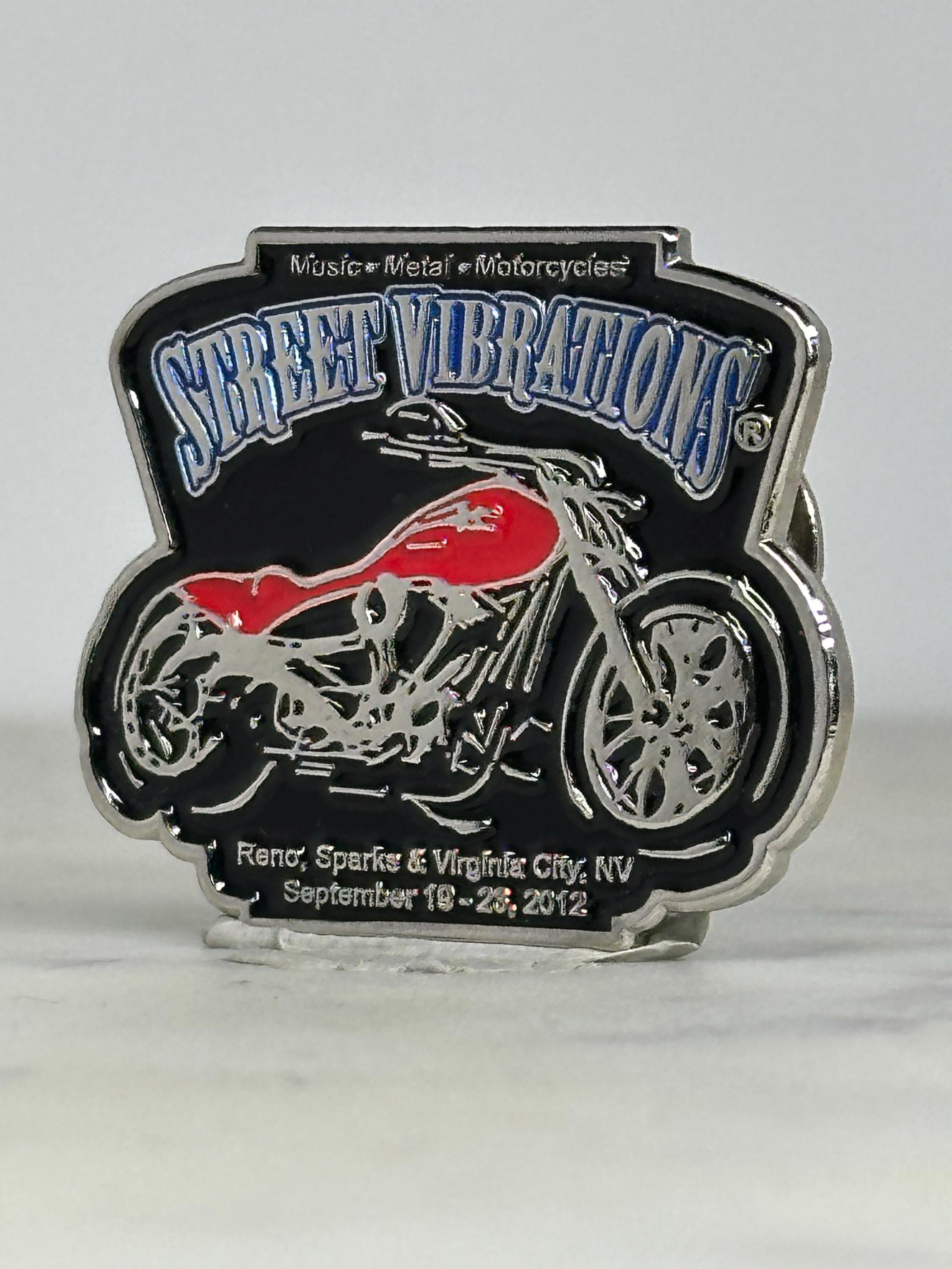 Street Vibrations Motorcycle Pin: Red & Silver Enamel - 2012 Rally Accessory