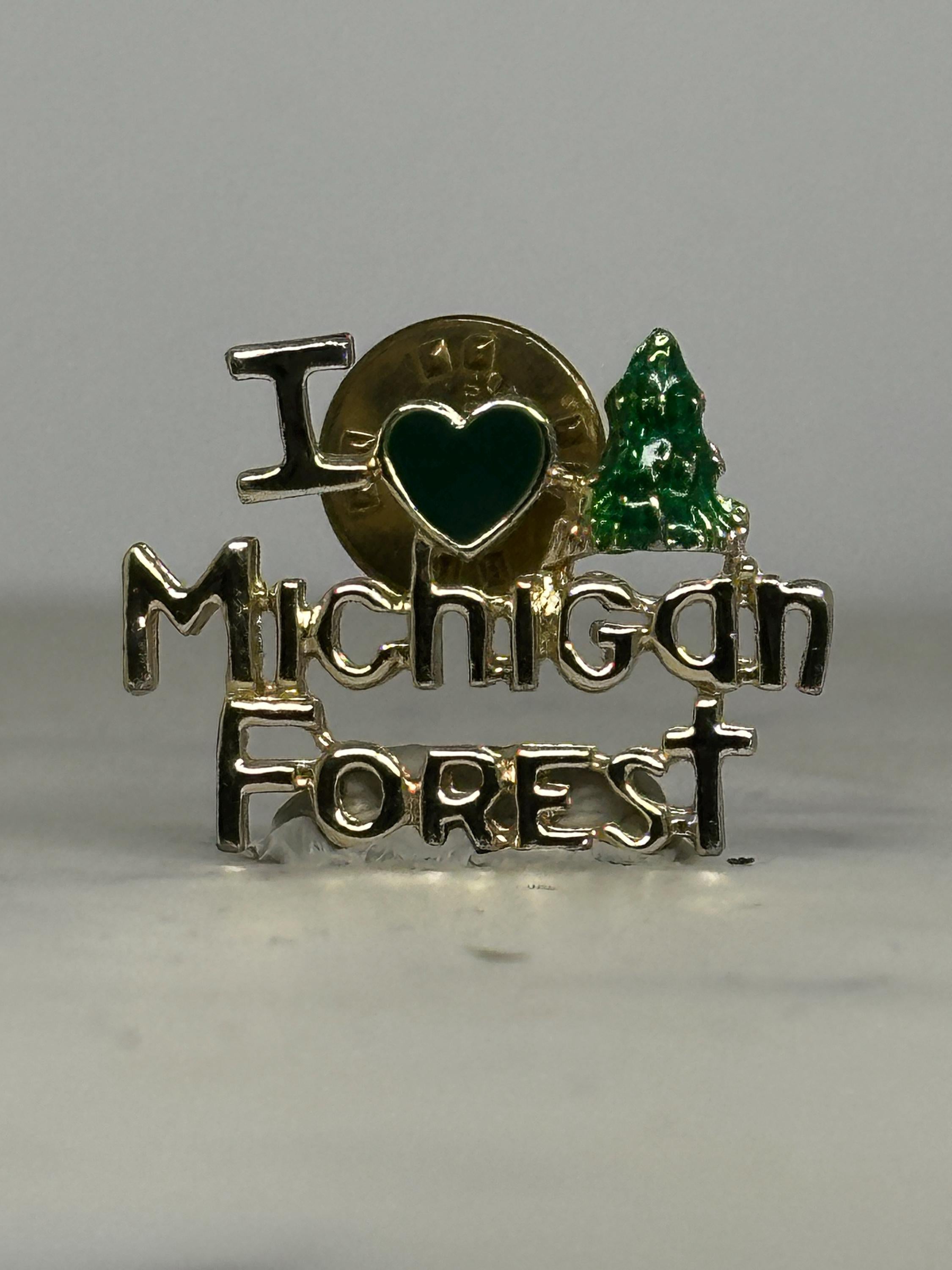 Michigan Forest Enamel Pin: Gold & Green Souvenir - Vintage Nature Accessory