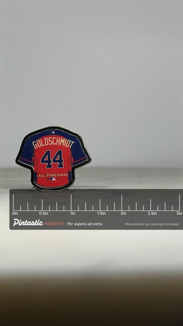 Goldschmidt Jersey Pin: Red & Navy Enamel - 2014 All-Star Game Accessory with ruler overlay for size reference