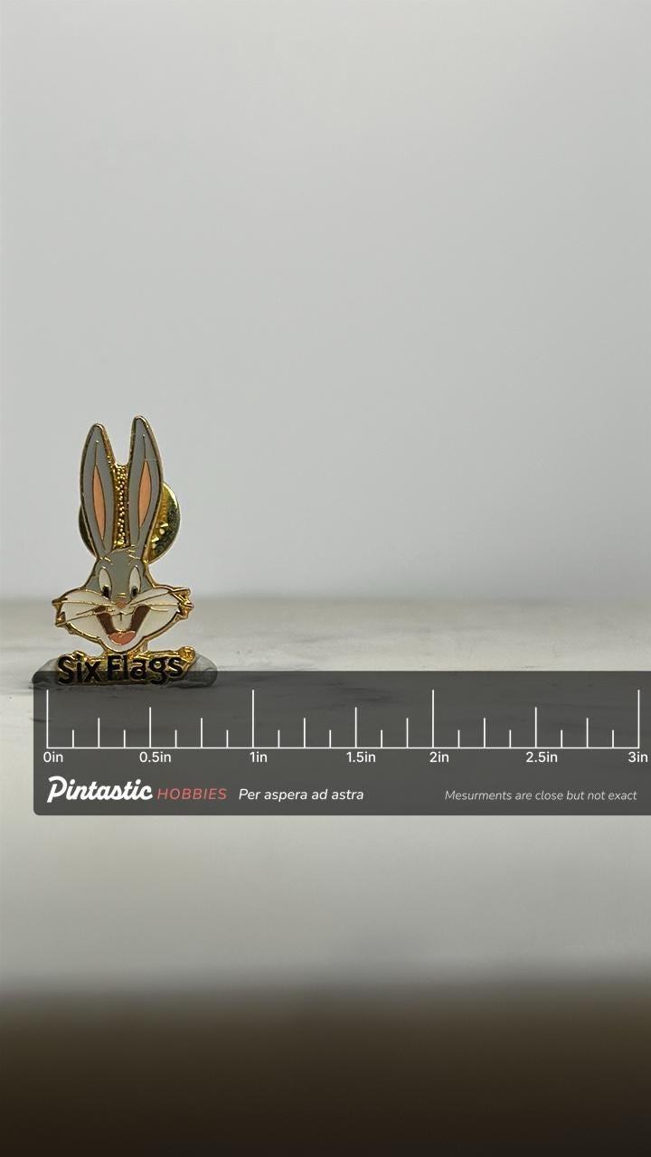 Bugs Bunny Six Flags Pin: Gold Tone Enamel - Cartoon Theme Accessory with ruler overlay for size reference