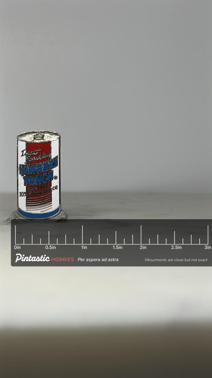 Hawaiian Punch Can Enamel Pin: Red White Blue - Retro Soda Accessory with ruler overlay for size reference