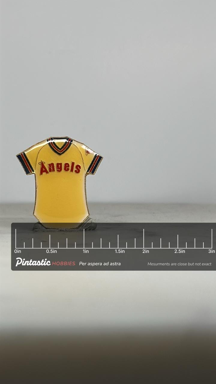 Angels Baseball Jersey Pin: Yellow Enamel Vintage - 1970s Sports Accessory with ruler overlay for size reference