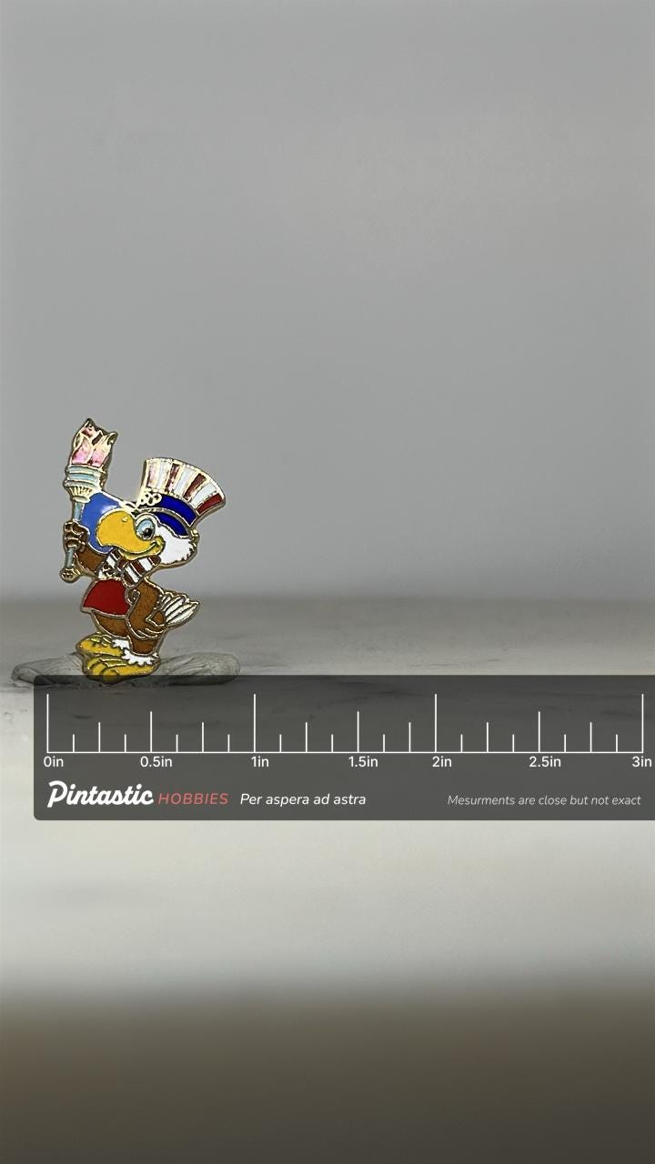 Olympics Patriotic Eagle Enamel Pin: Red White & Blue Finish - Vintage Olympics Accessory with ruler overlay for size referen