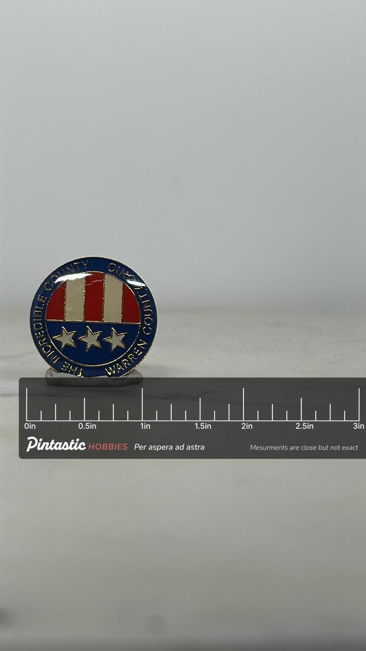Warren County Ohio Enamel Pin: Patriotic Red White Blue - Vintage Civic Accessory with ruler overlay for size reference