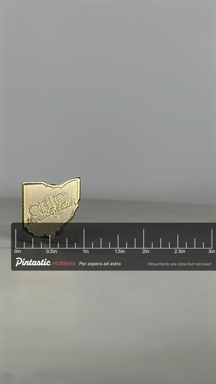 Ohio State Souvenir Pin: Gold Tone Enamel - Vintage Travel Accessory with ruler overlay for size reference