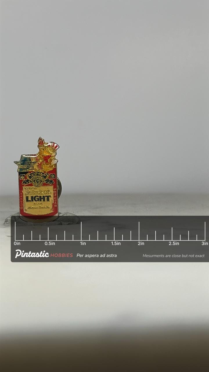 Budweiser Light Beer Pin: Red Gold Enamel - Vintage Patriotic Accessory with ruler overlay for size reference