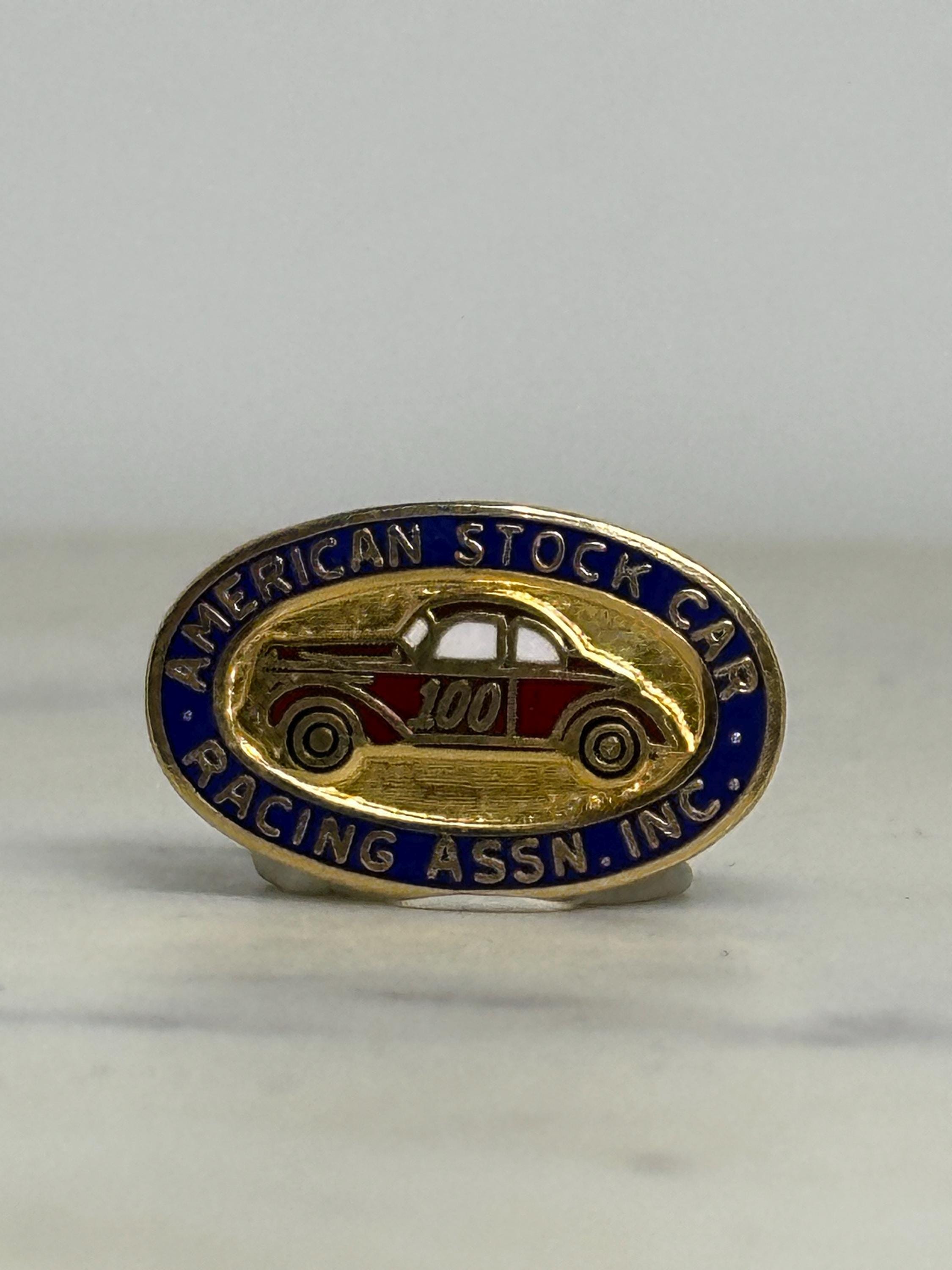 Stock Car Racing Enamel Pin: Gold & Red Oval - Vintage Motorsports Accessory