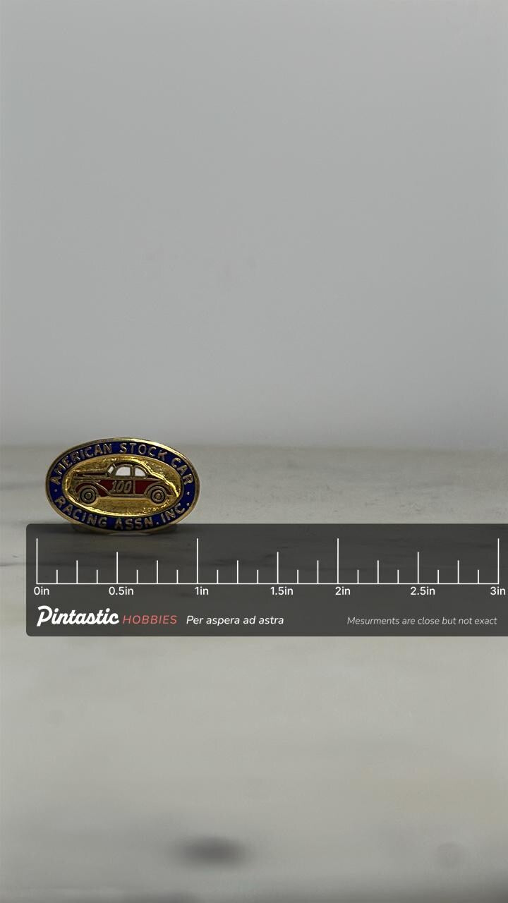 Stock Car Racing Enamel Pin: Gold & Red Oval - Vintage Motorsports Accessory with ruler overlay for size reference