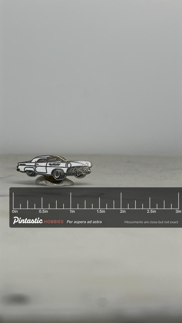 1958 Ford Thunderbird Pin – Vintage White Enamel Classic Car Lapel with ruler overlay for size reference