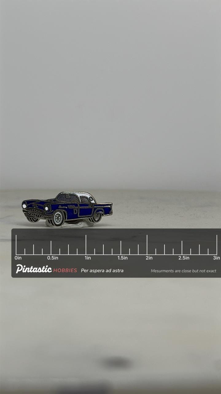 1957 Ford Thunderbird Blue Enamel Pin – Vintage Classic Car Lapel (Facing Right) with ruler overlay for size reference