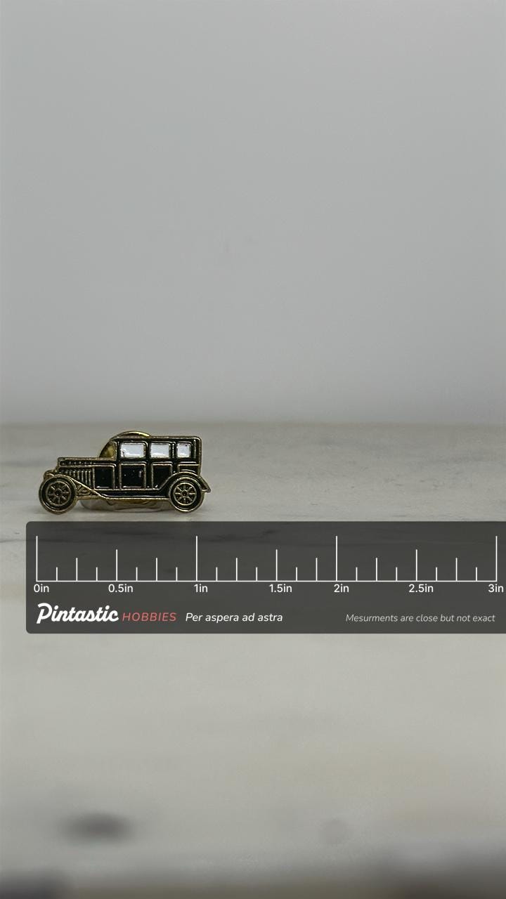 1920s Ford Model A Pin – Vintage Black & Gold Enamel Classic Car Lapel with ruler overlay for size reference