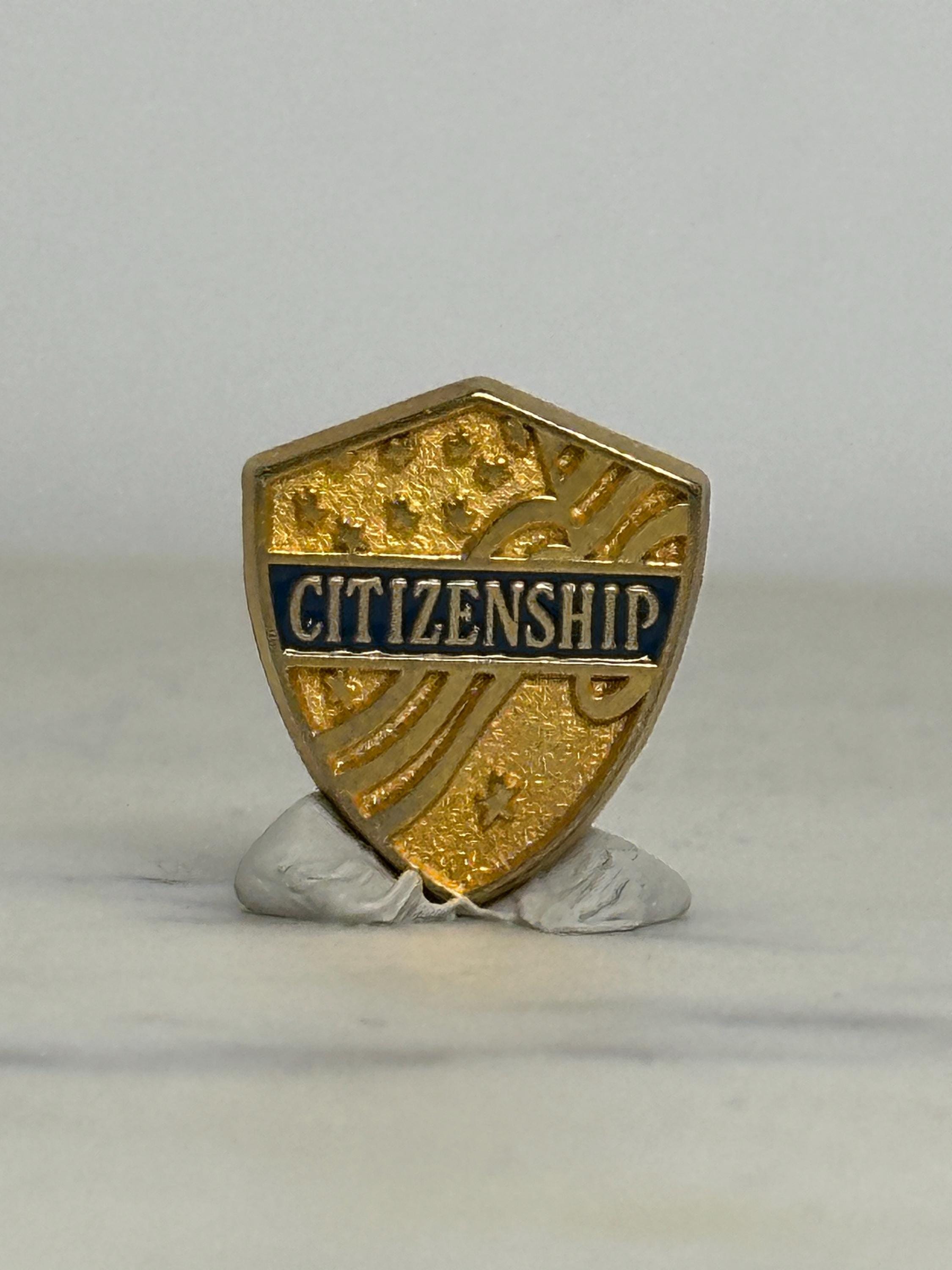 Citizenship Award Pin: Gold Tone Enamel Shield - Vintage School Accessory