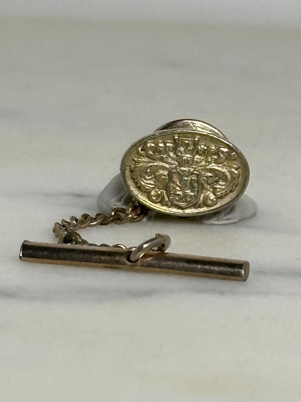 Heraldic Crest Tie Tack Pin: Gold Tone Oval - Vintage Gentleman Accessory