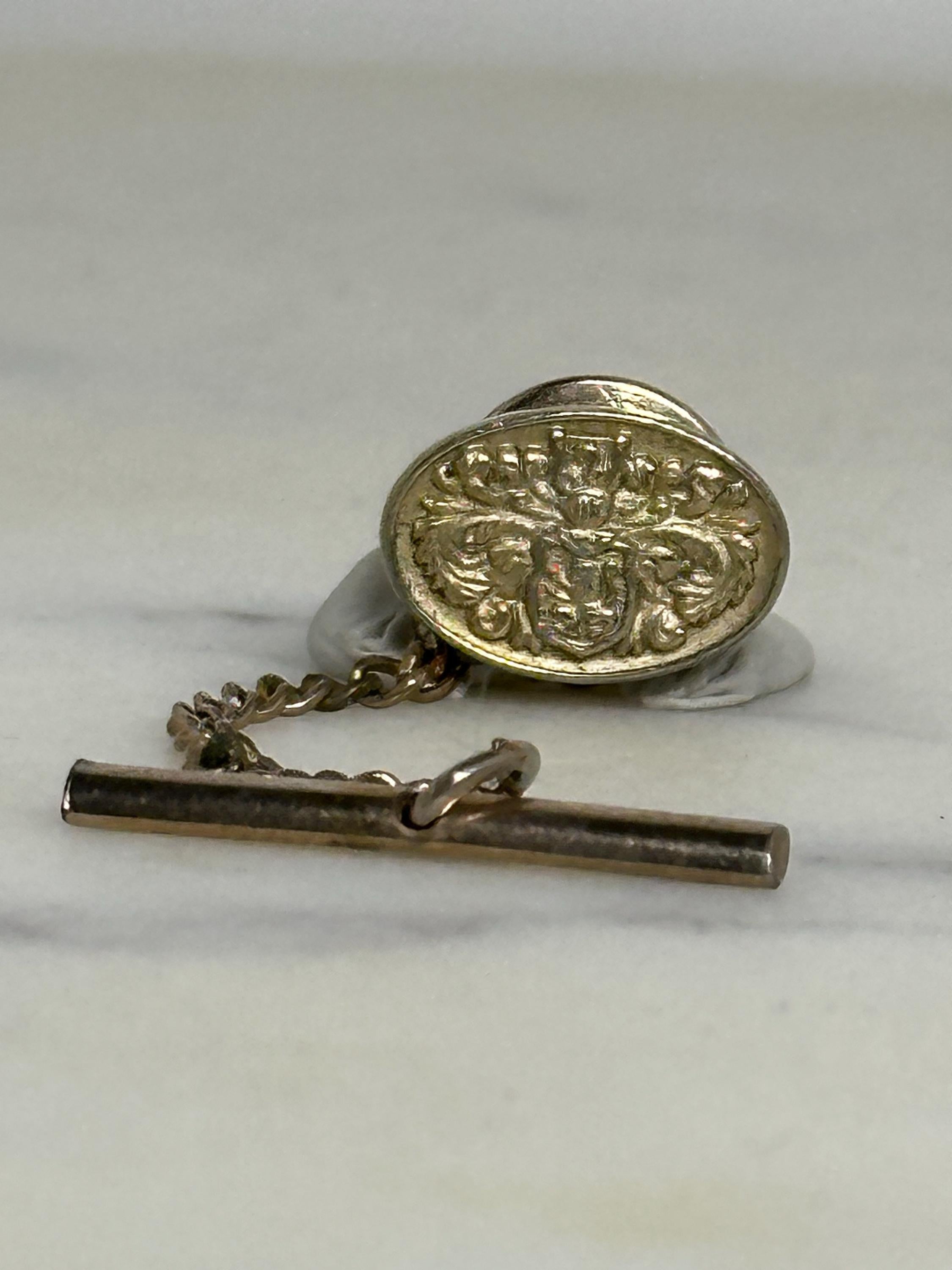 Heraldic Crest Tie Tack Pin: Gold Tone Oval - Vintage Gentleman Accessory